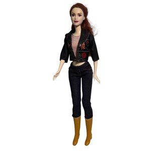 Barbie Doll Redhead Mattel Black Floral Jacket Pink Top Jeans & Yellow Boots